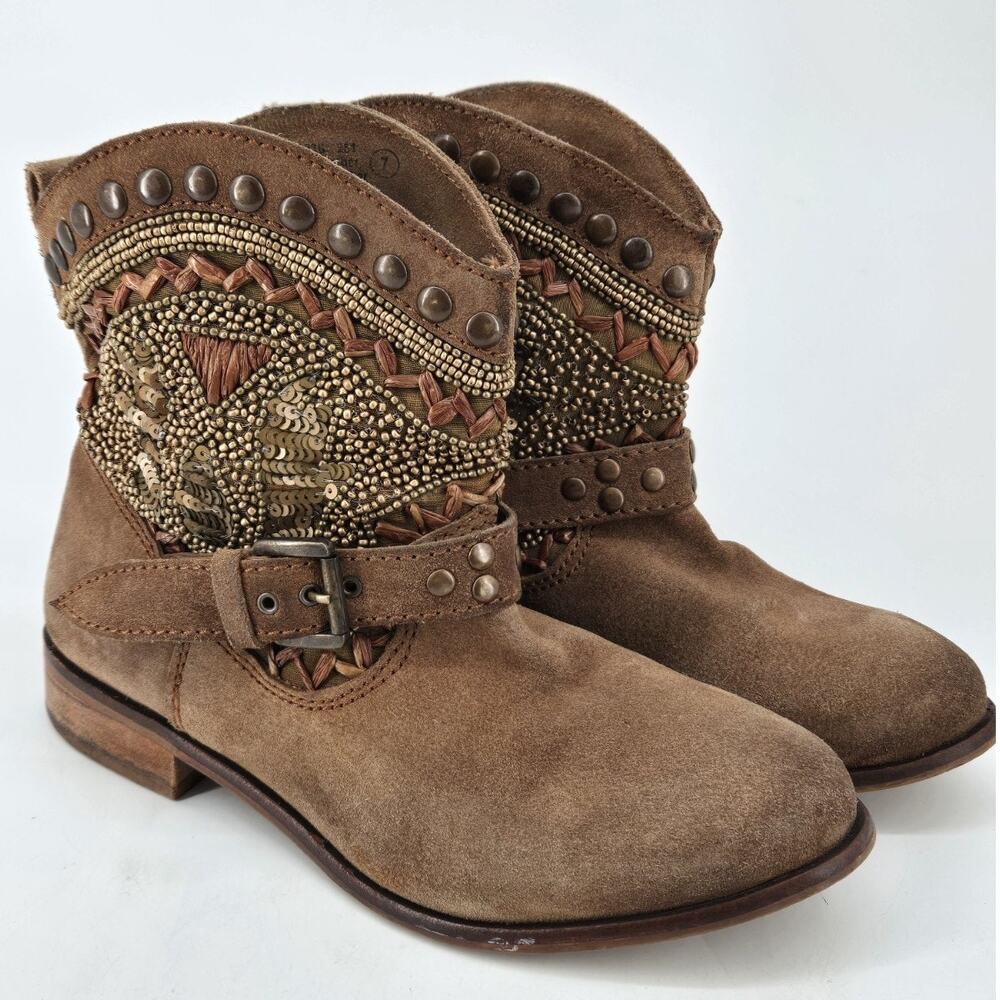 Naughty Monkey Lysandra Brown Suede Beaded Sequin Stud Leather Ankle Boots Sz 7